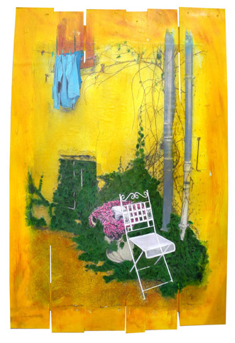 Bois, palissade, du linge qui sêche, des chaises au soleil, artiste française, artiste drômoise, ambiance d’été, chaleur, ombre, mixmedia, mix mediaartist, photographie, photographe, photo, photographe-plasticienne, photo-repeinte, photopainting, art, art contemporain, peinture acrylique, peinture, crayons de couleurs pastels, nyons, Drôme provençale, Drôme. Couleurs bleu, vert, bleu ciel, blanc