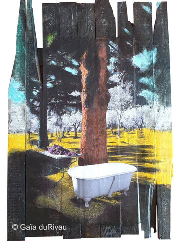 Bois, palissade, du linge qui sêche, des chaises au soleil, artiste française, artiste drômoise, ambiance d’été, chaleur, ombre, mixmedia, mix mediaartist, photographie, photographe, photo, photographe-plasticienne, photo-repeinte, photopainting, art, art contemporain, peinture acrylique, peinture, crayons de couleurs pastels, nyons, Drôme provençale, Drôme. Couleurs bleu, vert, bleu ciel, blanc