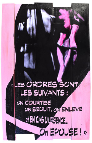 Bois, palissade, photo-repeinte, cinema, film en noir et blanc, Les barbouze, film les Barbouze de Georges Lautner, 1964, Mireille Darc, Lino Ventura, Bernard Blier, Michel Audiard, comédiens francais, artiste française, artiste drômoise, mixmédia, mix médiaartist, photographie, photographe, photo, photographe-plasticienne, photo-repeinte, photopainting, peinture acrylique, pochoir, peinture, crayons de couleurs pastels, art, nyons, drôme provençale, drôme.