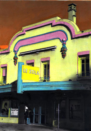 Lyon, France, Villeurbanne, cinéma, culture, architecture, art deco, urbanisme, colorisation, photo colorisée. Artiste française, artiste drômoise, photographie, photographe, photo, photographe-plasticienne, photorecolorisée, photopainting, photo- repeinte, pastels, crayons, photographie en noir et blanc, city, ville village, ancienne façade, façade peinte, décor de cinéma, urbain.