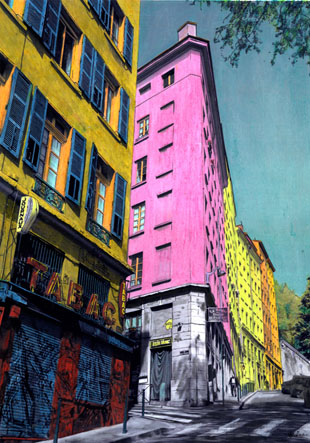 Lyon, France, montée Saint Sébastien, tabac, urbanisme, colorisation, photo colorisée.Artiste française, artiste drômoise, photographie, photographe, photo, photographe-plasticienne, photorecolorisée, photopainting, photo- repeinte, pastels, crayons, photographie en noir et blanc, city, ville village, ancienne façade, façade peinte, décor de cinéma, urbain.