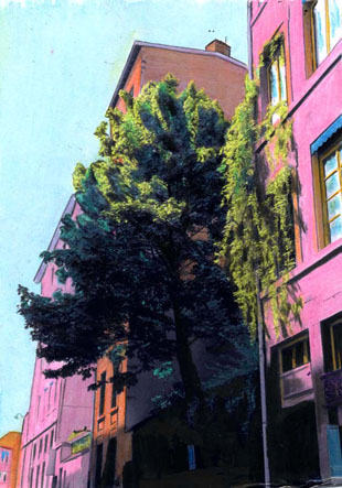 Lyon, France, campagne en ville, arbre, urbanisme, Dame Nature, Nature, végétation, colorisation, photo colorisée. Artiste française, artiste drômoise, photographie, photographe, photo, photographe-plasticienne, photorecolorisée, photopainting, photo- repeinte, pastels, crayons, photographie en noir et blanc, city, ville village, ancienne façade, façade peinte, décor de cinéma, urbain.