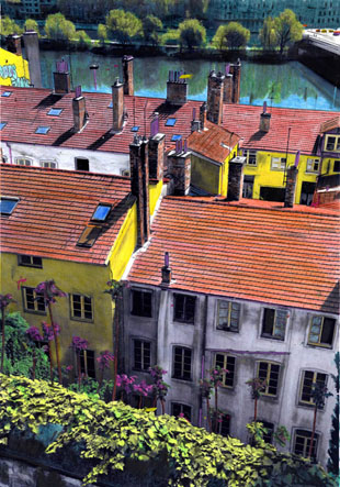 Lyon, France, toits de ville, urbanisme, rue des Fantasques, la Soane, végétation, colorisation, photo colorisée.