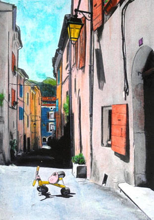 Rue des Alpes à Nyons, Rhône Alpes, Drôme, Drôme Provençale, France, jouet d’enfant, tricycle, colorisation, photo colorisée.Artiste française, artiste drômoise, photographie, photographe, photo, photographe-plasticienne, photorecolorisée, photopainting, photo- repeinte, pastels, crayons, photographie en noir et blanc, city, ville village, ancienne façade, façade peinte, décor de cinéma, urbain.