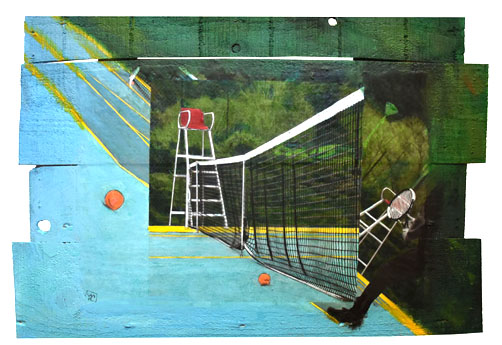 bois, palissade, photo-repeinte, sport, tennis, terrain de tennis, balle de tennis, artiste française, artiste drômoise, mixmedia, mix mediaartist, photographie, photographe, photo, photographe-plasticienne, photo-repeinte, photopainting, peinture acrylique, peinture, crayons de couleurs pastels, art, nyons, drôme provençale.