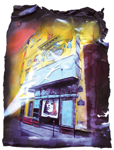 Métal, métal oxydé, matériel recyclé, ancienne façades d’une discothèque ou d’un bar, rue Pigalle, Paris, Ville, City, Grafittis, street art, urbain, artiste française, artiste drômoise, Nyons, mixmédia, photographie, photographe, mix media artist, photographe-plasticienne, art, photo-repeinte, photo-painting, peinture acrylique, peinture, crayons de couleurs pastels, bombe aérosol. Couleurs : jaune, vert d’eau, orange, marron.