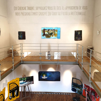 Exposition, temple, art, artc contemporain, drome, Venterol, peinture, technique mixte, mixmediaart, cinema, 2022, portiere de voiture