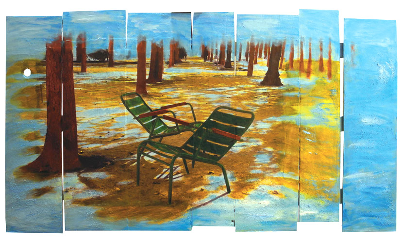 bois, palissade, photo-repeinte, chaises des jardins du Luxembourg, Paris, jardin du Luxembourg, paysage urbain, urbain, chaise Fermob, fauteuil Fermob, artiste française, artiste drômoise, mixmedia, mix mediaartist, photographie, photographe, photo, photographe-plasticienne, photo-repeinte, photopainting, peinture acrylique, peinture, crayons de couleurs pastels, art, nyons, drôme provençale.