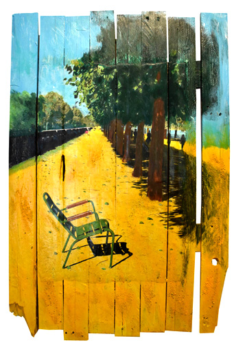 bois, palissade, photo-repeinte, chaises des jardins du Luxembourg, Paris, mobilier de jardin, ville, jardin du Luxembourg, paysage urbain, urbain, chaise Fermob, fauteuil Fermob, artiste française, artiste drômoise, mixmedia, mix mediaartist, photographie, photographe, photo, photographe-plasticienne, photo-repeinte, photopainting, peinture acrylique, peinture, crayons de couleurs pastels, art, nyons, drôme provençale.